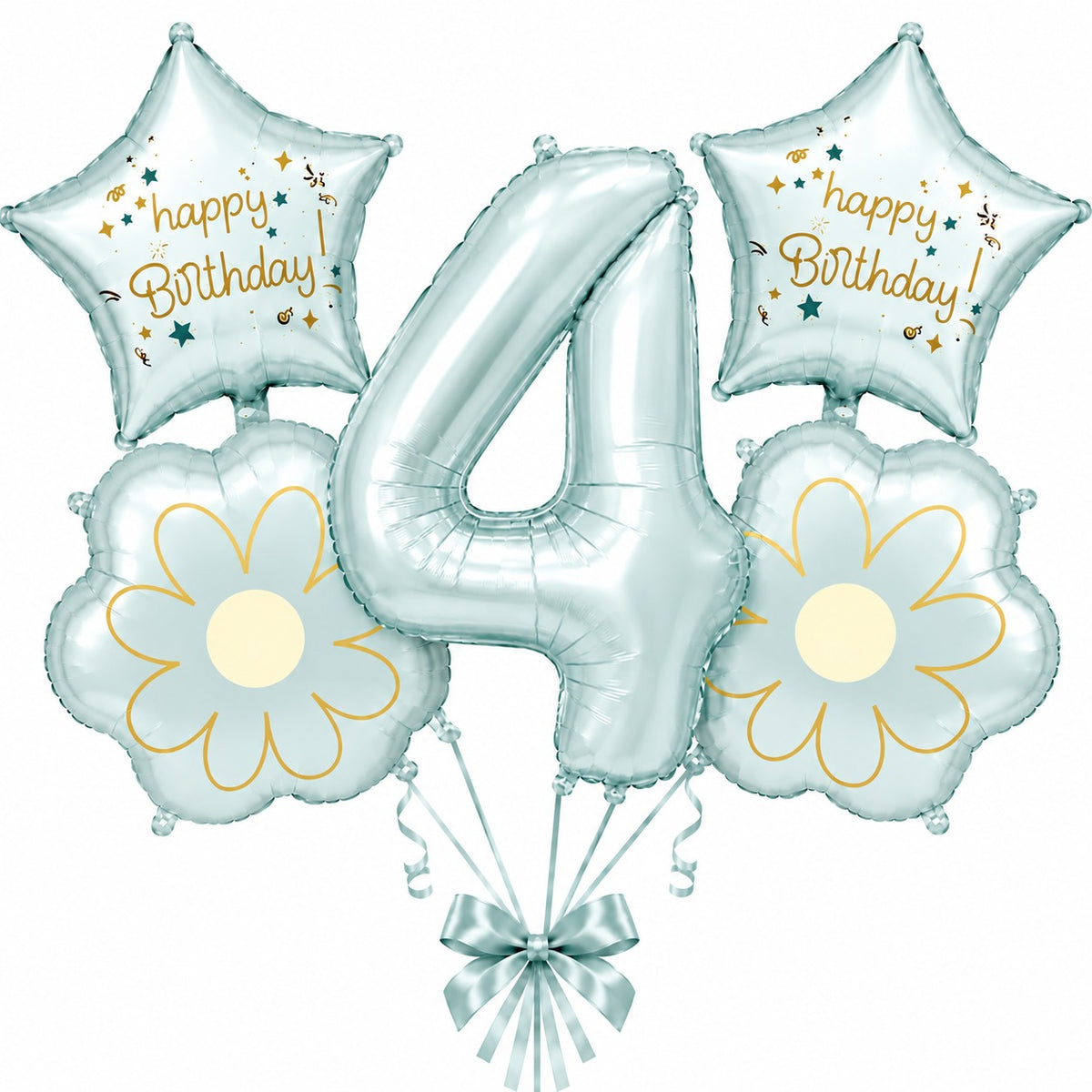 Blue Number 4 Foil Balloon Set - 5PC | Fourth Birthday Balloon with 2 Flower