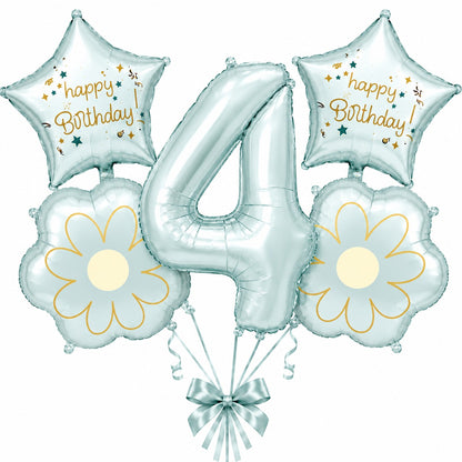 Blue Number 4 Foil Balloon Set - 5PC | Fourth Birthday Balloon with 2 Flower