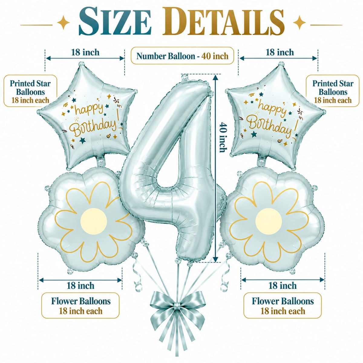 Blue Number 4 Foil Balloon Set - 5PC | Fourth Birthday Balloon with 2 Flower