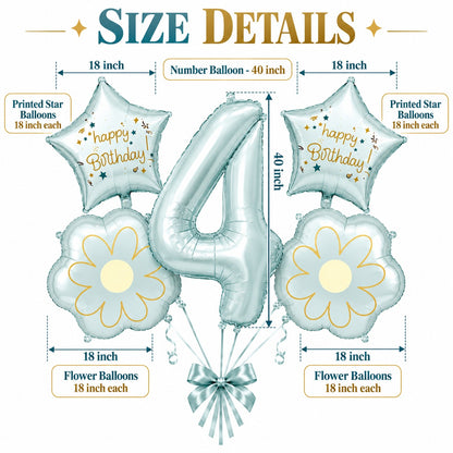 Blue Number 4 Foil Balloon Set - 5PC | Fourth Birthday Balloon with 2 Flower