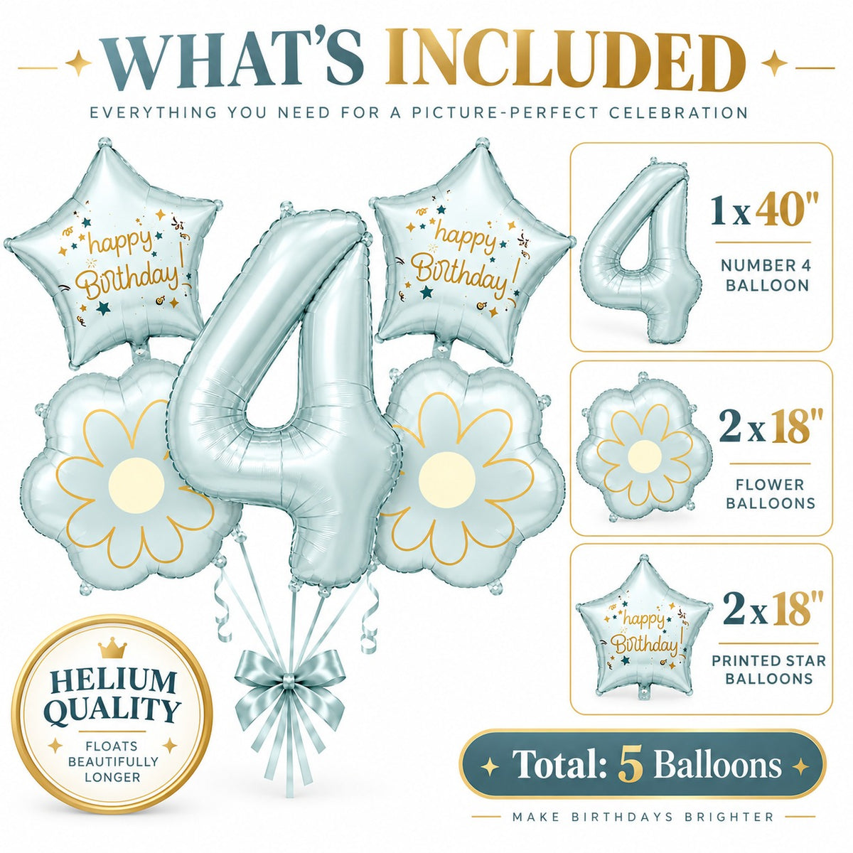 Blue Number 4 Foil Balloon Set - 5PC | Fourth Birthday Balloon with 2 Flower