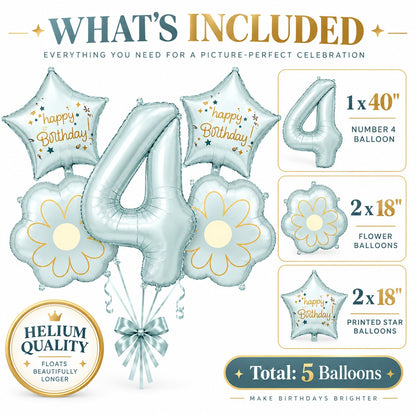 Blue Number 4 Foil Balloon Set - 5PC | Fourth Birthday Balloon with 2 Flower