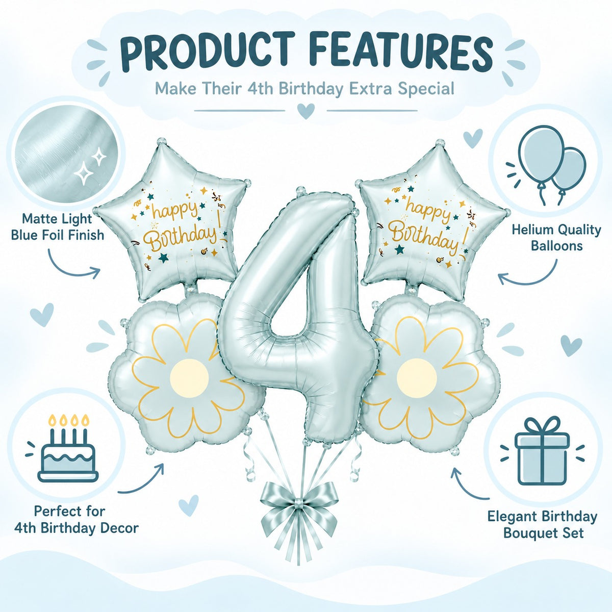 Blue Number 4 Foil Balloon Set - 5PC | Fourth Birthday Balloon with 2 Flower
