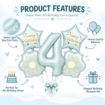 Blue Number 4 Foil Balloon Set - 5PC | Fourth Birthday Balloon with 2 Flower
