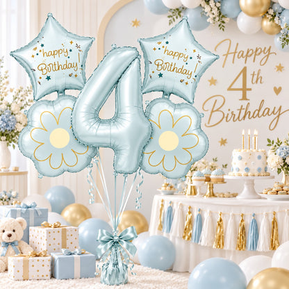 Blue Number 4 Foil Balloon Set - 5PC | Fourth Birthday Balloon with 2 Flower