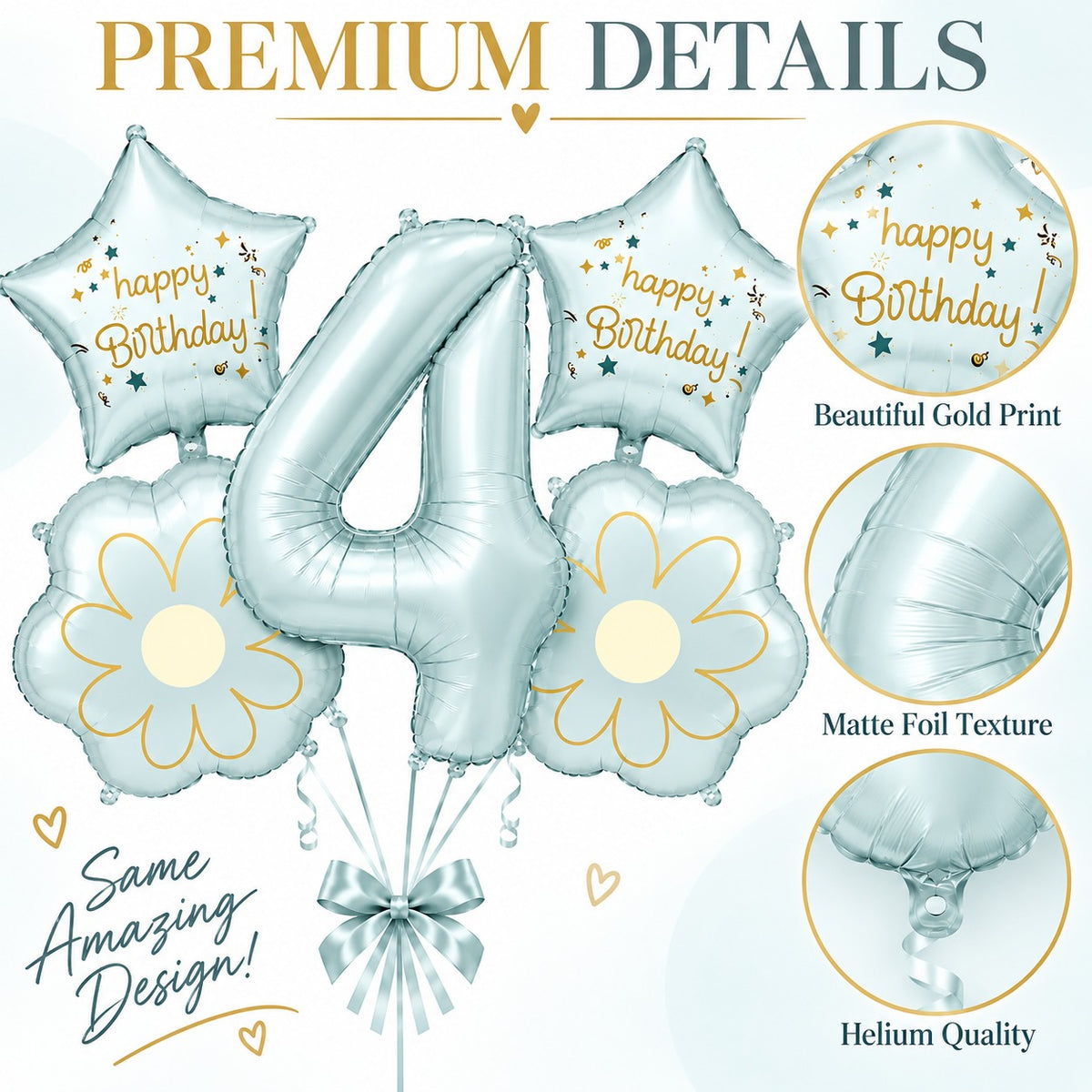 Blue Number 4 Foil Balloon Set - 5PC | Fourth Birthday Balloon with 2 Flower
