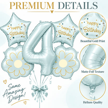Blue Number 4 Foil Balloon Set - 5PC | Fourth Birthday Balloon with 2 Flower