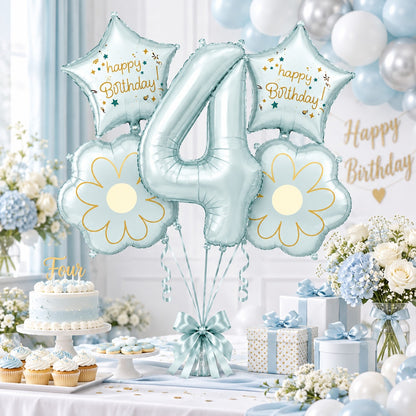 Blue Number 4 Foil Balloon Set - 5PC | Fourth Birthday Balloon with 2 Flower