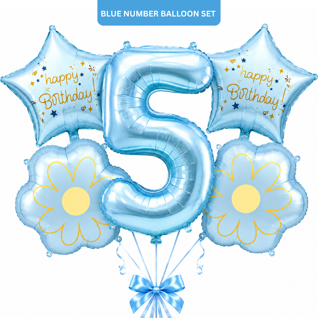 Blue Number 5 Foil Balloon Set - 5PC | Fifth Birthday Balloon with 2 Flower & 2 Star Balloons