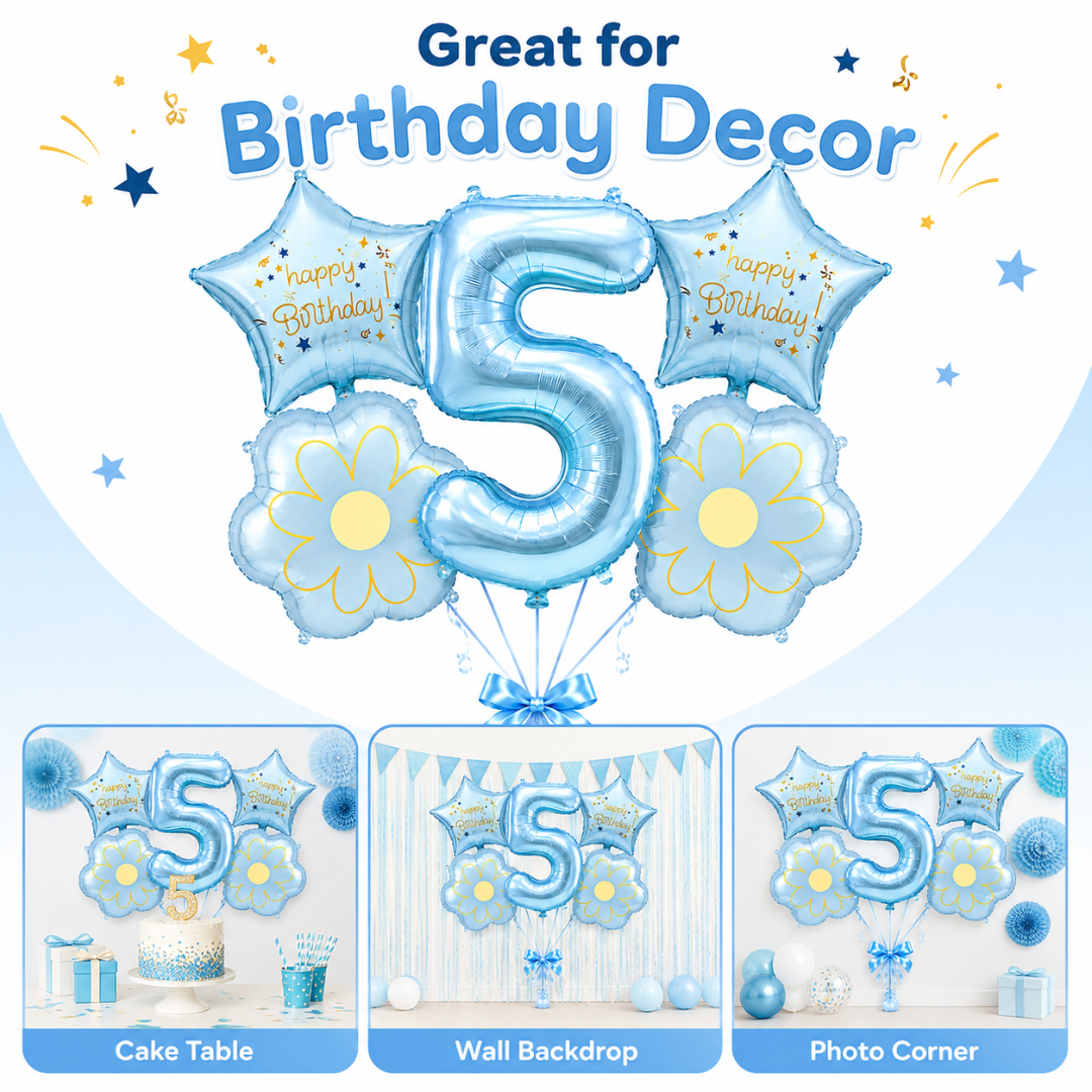 Blue Number 5 Foil Balloon Set - 5PC | Fifth Birthday Balloon with 2 Flower & 2 Star Balloons