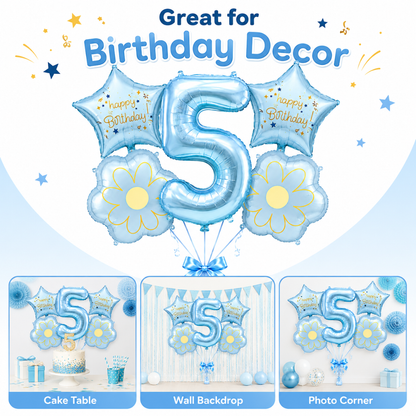 Blue Number 5 Foil Balloon Set - 5PC | Fifth Birthday Balloon with 2 Flower & 2 Star Balloons