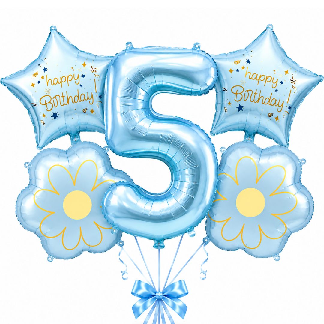 Blue Number 5 Foil Balloon Set - 5PC | Fifth Birthday Balloon with 2 Flower & 2 Star Balloons
