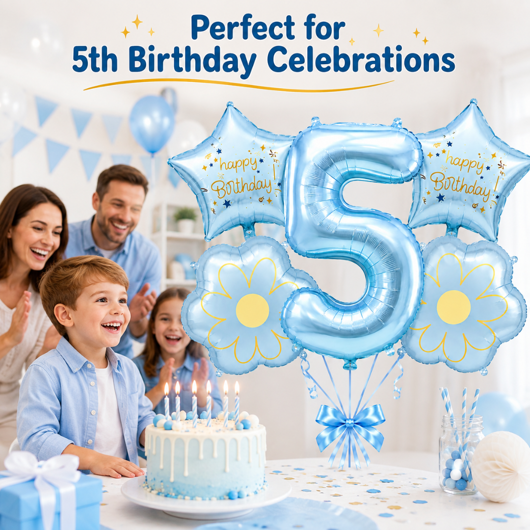 Blue Number 5 Foil Balloon Set - 5PC | Fifth Birthday Balloon with 2 Flower & 2 Star Balloons
