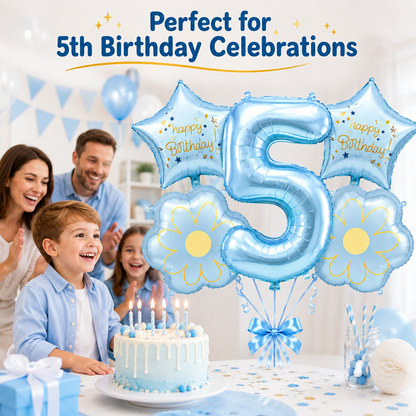 Blue Number 5 Foil Balloon Set - 5PC | Fifth Birthday Balloon with 2 Flower & 2 Star Balloons