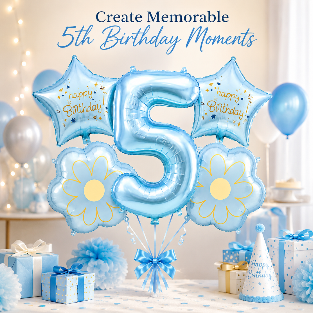 Blue Number 5 Foil Balloon Set - 5PC | Fifth Birthday Balloon with 2 Flower & 2 Star Balloons