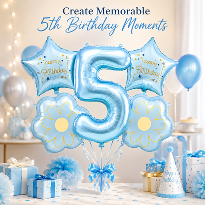 Blue Number 5 Foil Balloon Set - 5PC | Fifth Birthday Balloon with 2 Flower & 2 Star Balloons