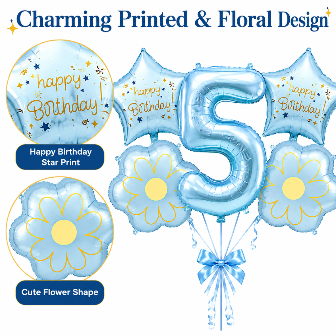 Blue Number 5 Foil Balloon Set - 5PC | Fifth Birthday Balloon with 2 Flower & 2 Star Balloons
