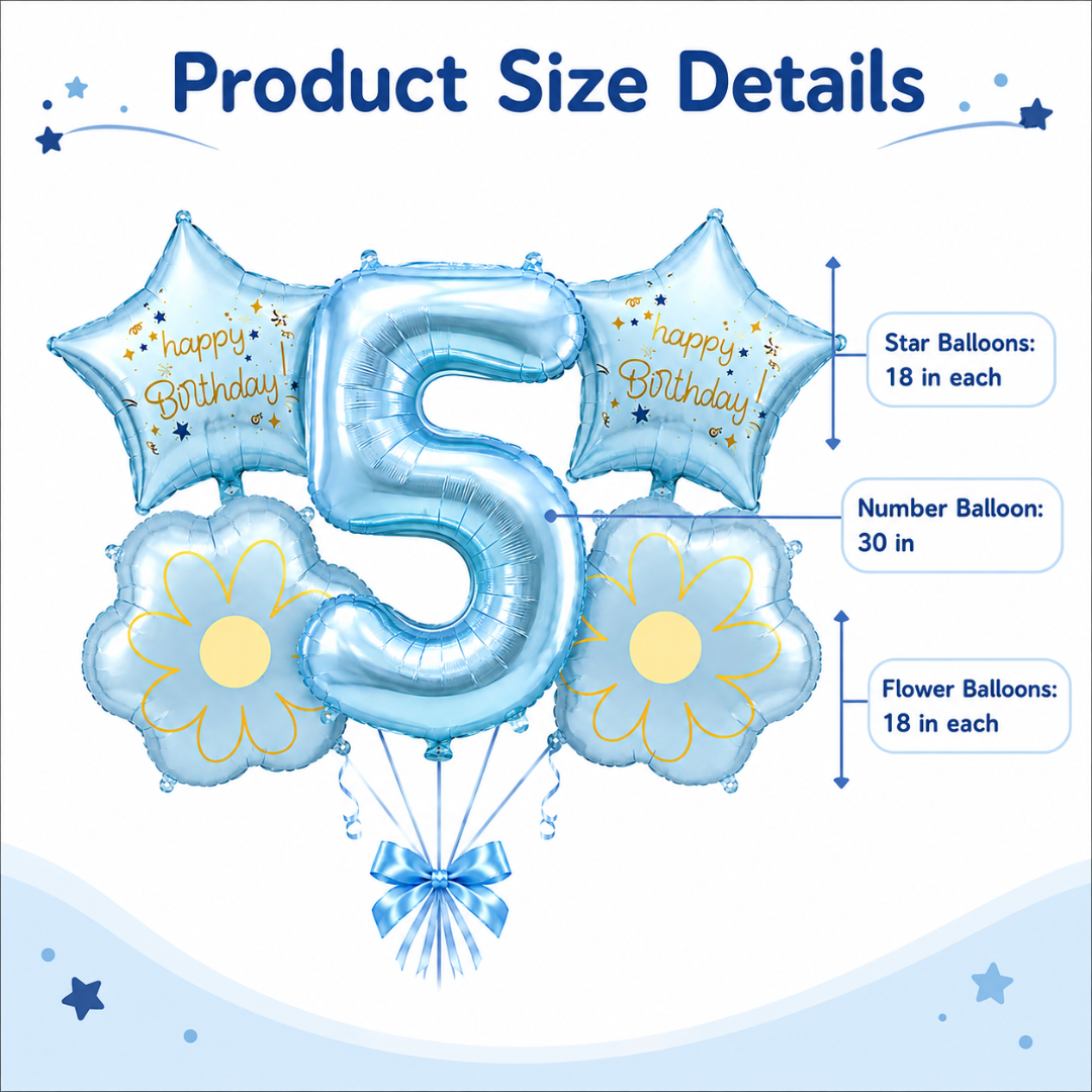 Blue Number 5 Foil Balloon Set - 5PC | Fifth Birthday Balloon with 2 Flower & 2 Star Balloons