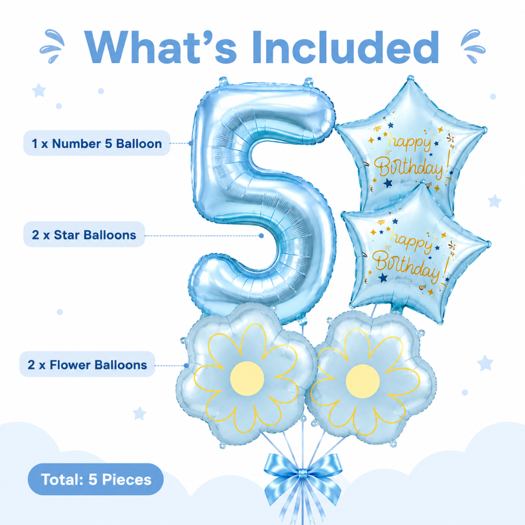 Blue Number 5 Foil Balloon Set - 5PC | Fifth Birthday Balloon with 2 Flower & 2 Star Balloons