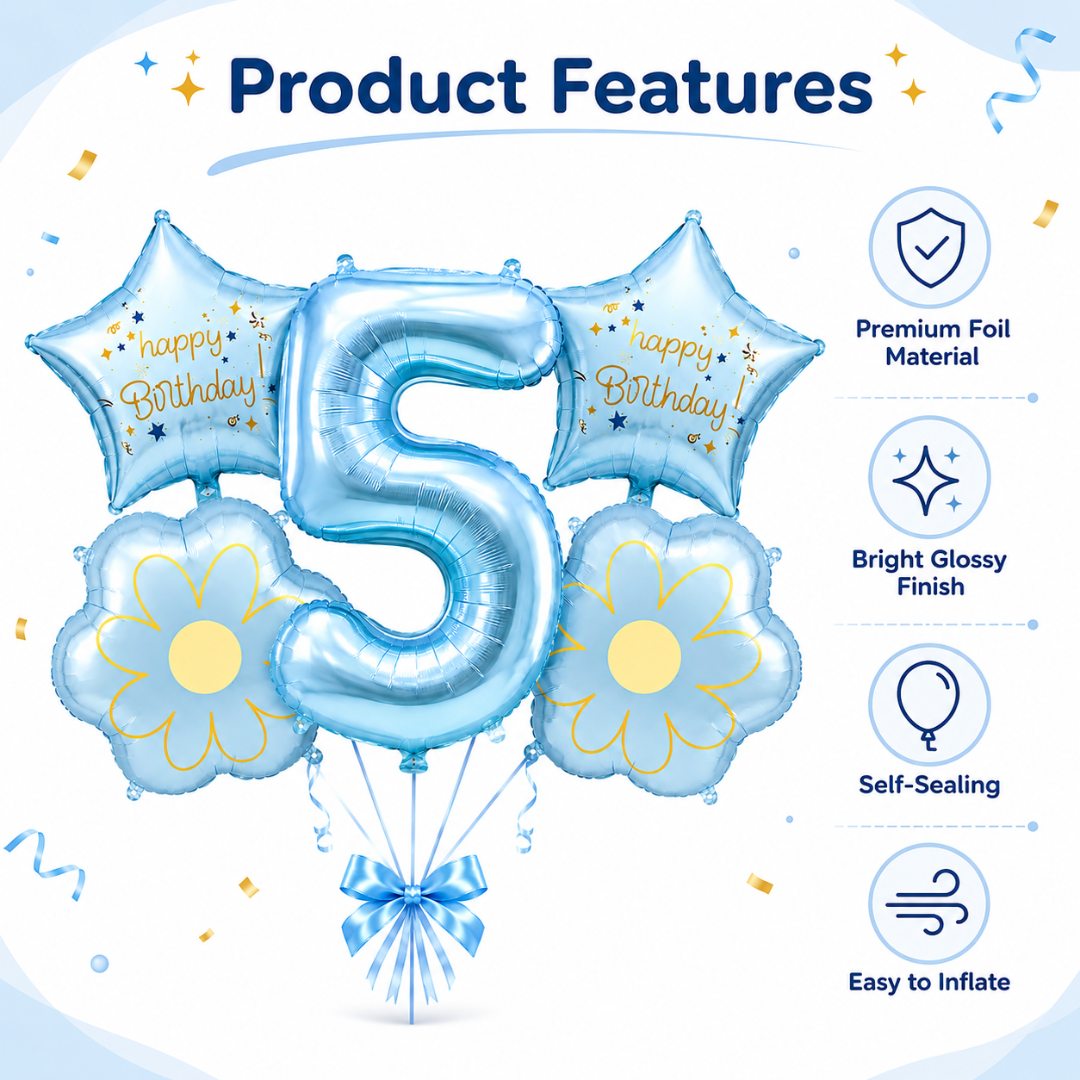 Blue Number 5 Foil Balloon Set - 5PC | Fifth Birthday Balloon with 2 Flower & 2 Star Balloons