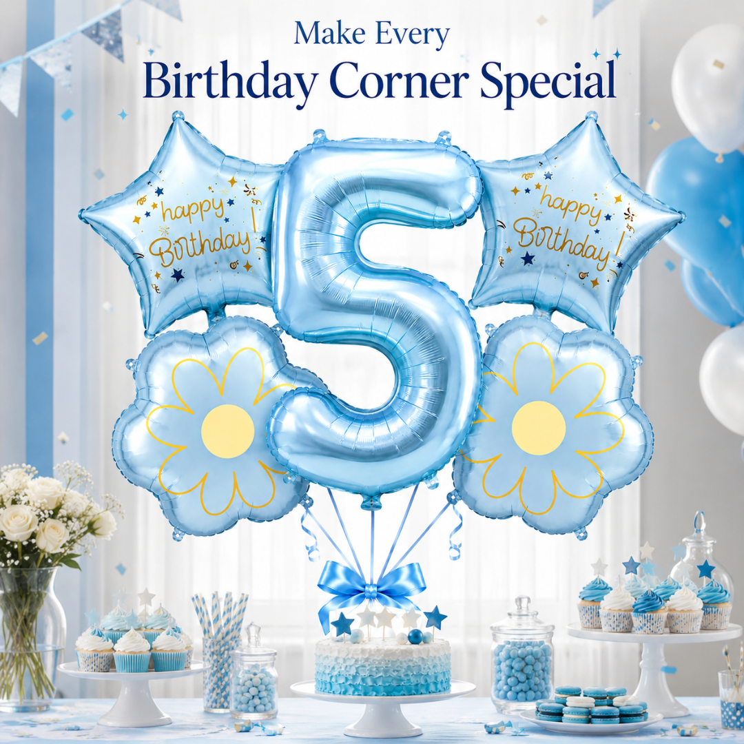 Blue Number 5 Foil Balloon Set - 5PC | Fifth Birthday Balloon with 2 Flower & 2 Star Balloons