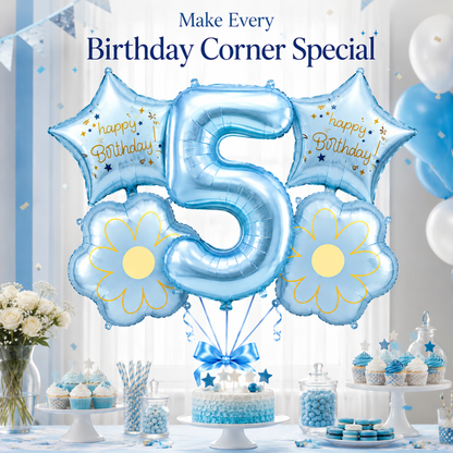 Blue Number 5 Foil Balloon Set - 5PC | Fifth Birthday Balloon with 2 Flower & 2 Star Balloons