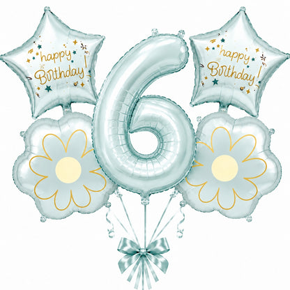 Blue Number 6 Foil Balloon Set - 5PC | Sixth Birthday Balloon with 2 Flower & 2 Star Balloons