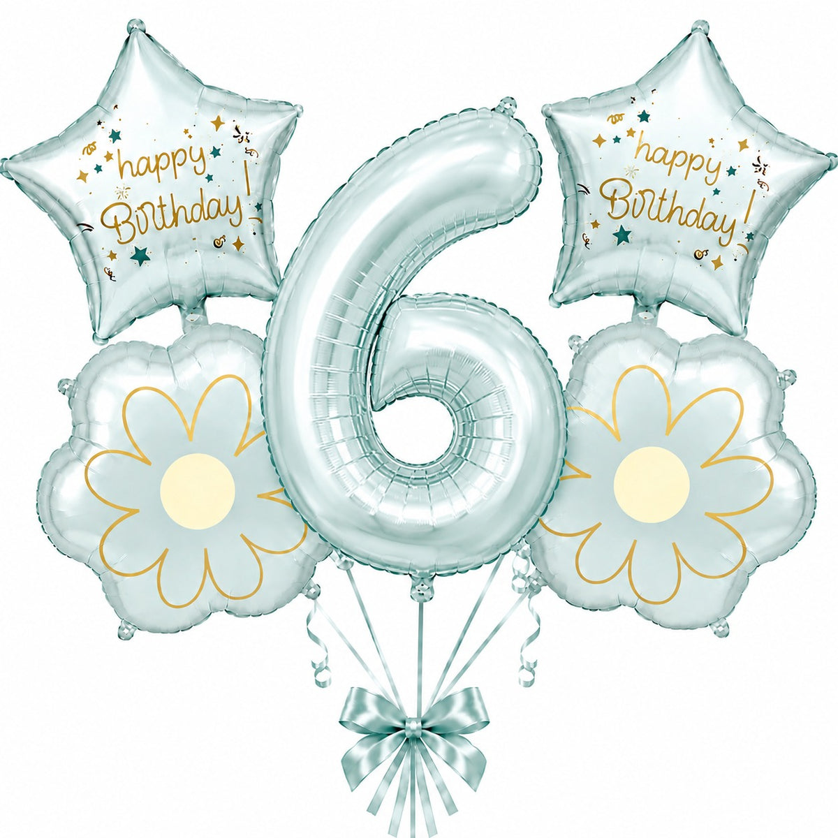 Blue Number 6 Foil Balloon Set - 5PC | Sixth Birthday Balloon with 2 Flower & 2 Star Balloons