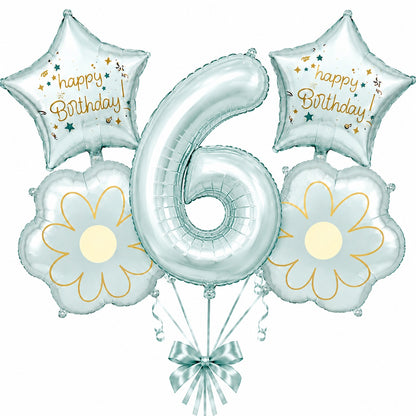 Blue Number 6 Foil Balloon Set - 5PC | Sixth Birthday Balloon with 2 Flower & 2 Star Balloons