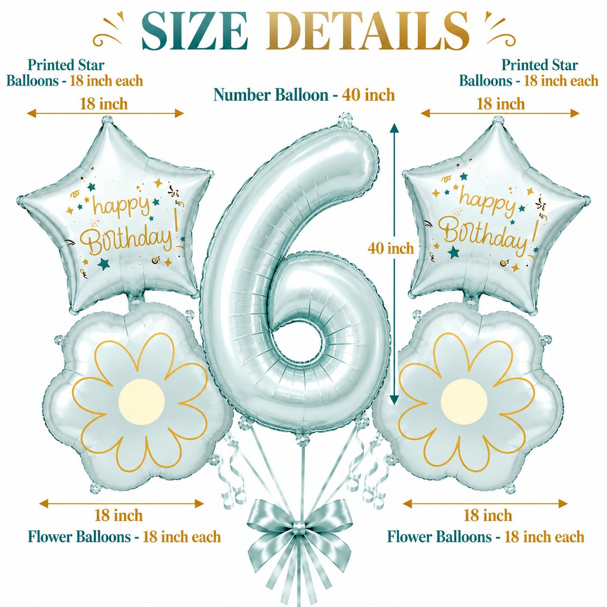 Blue Number 6 Foil Balloon Set - 5PC | Sixth Birthday Balloon with 2 Flower & 2 Star Balloons