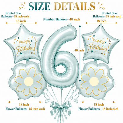 Blue Number 6 Foil Balloon Set - 5PC | Sixth Birthday Balloon with 2 Flower & 2 Star Balloons