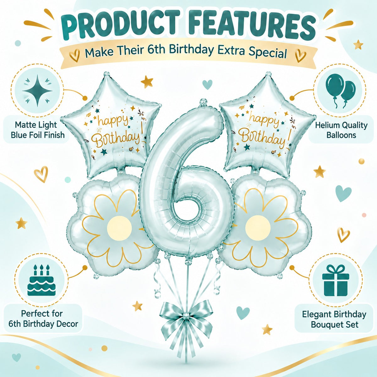 Blue Number 6 Foil Balloon Set - 5PC | Sixth Birthday Balloon with 2 Flower & 2 Star Balloons