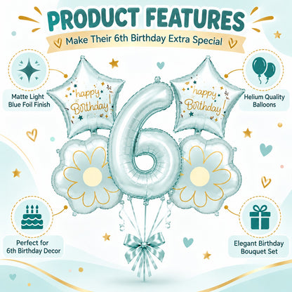 Blue Number 6 Foil Balloon Set - 5PC | Sixth Birthday Balloon with 2 Flower & 2 Star Balloons