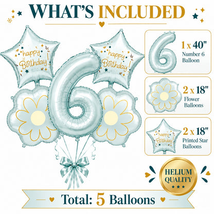 Blue Number 6 Foil Balloon Set - 5PC | Sixth Birthday Balloon with 2 Flower & 2 Star Balloons