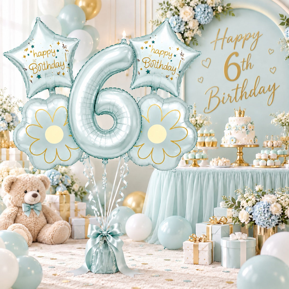 Blue Number 6 Foil Balloon Set - 5PC | Sixth Birthday Balloon with 2 Flower & 2 Star Balloons