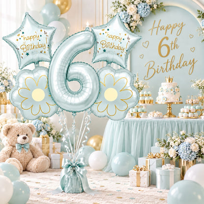 Blue Number 6 Foil Balloon Set - 5PC | Sixth Birthday Balloon with 2 Flower & 2 Star Balloons