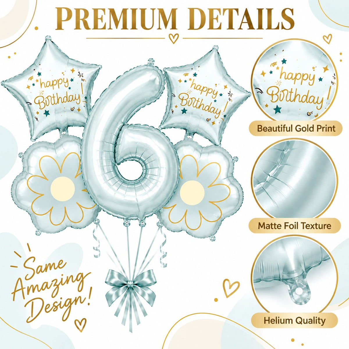 Blue Number 6 Foil Balloon Set - 5PC | Sixth Birthday Balloon with 2 Flower & 2 Star Balloons