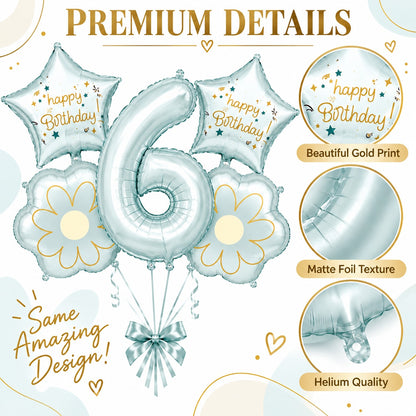 Blue Number 6 Foil Balloon Set - 5PC | Sixth Birthday Balloon with 2 Flower & 2 Star Balloons