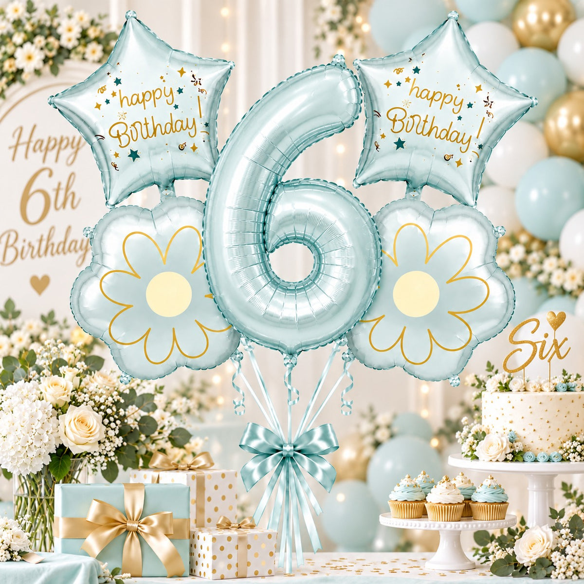 Blue Number 6 Foil Balloon Set - 5PC | Sixth Birthday Balloon with 2 Flower & 2 Star Balloons