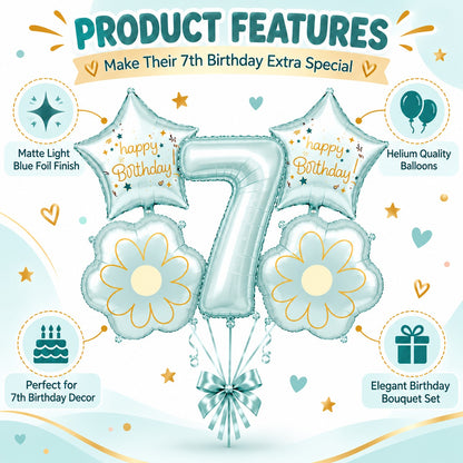 Blue Number 7 Foil Balloon Set - 5PC | Seventh Birthday Balloon with 2 Flower & 2 Star Balloons