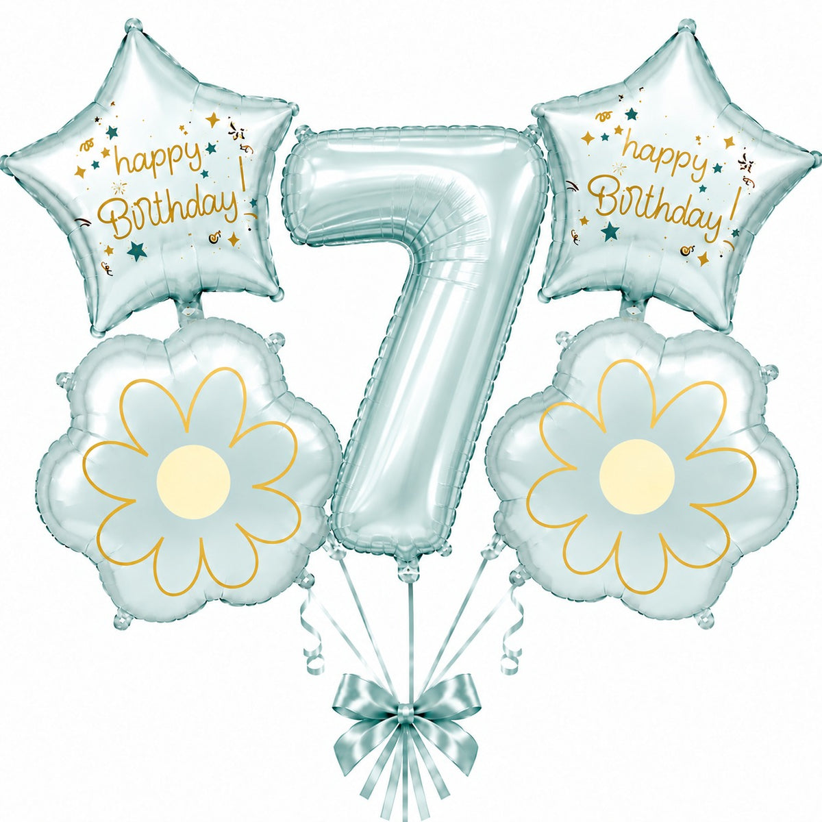 Blue Number 7 Foil Balloon Set - 5PC | Seventh Birthday Balloon with 2 Flower & 2 Star Balloons