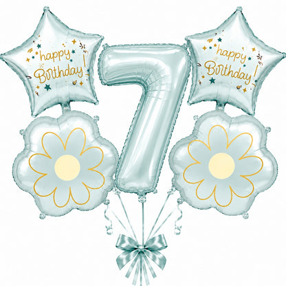 Blue Number 7 Foil Balloon Set - 5PC | Seventh Birthday Balloon with 2 Flower & 2 Star Balloons