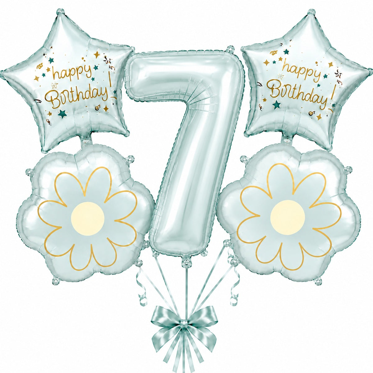 Blue Number 7 Foil Balloon Set - 5PC | Seventh Birthday Balloon with 2 Flower & 2 Star Balloons
