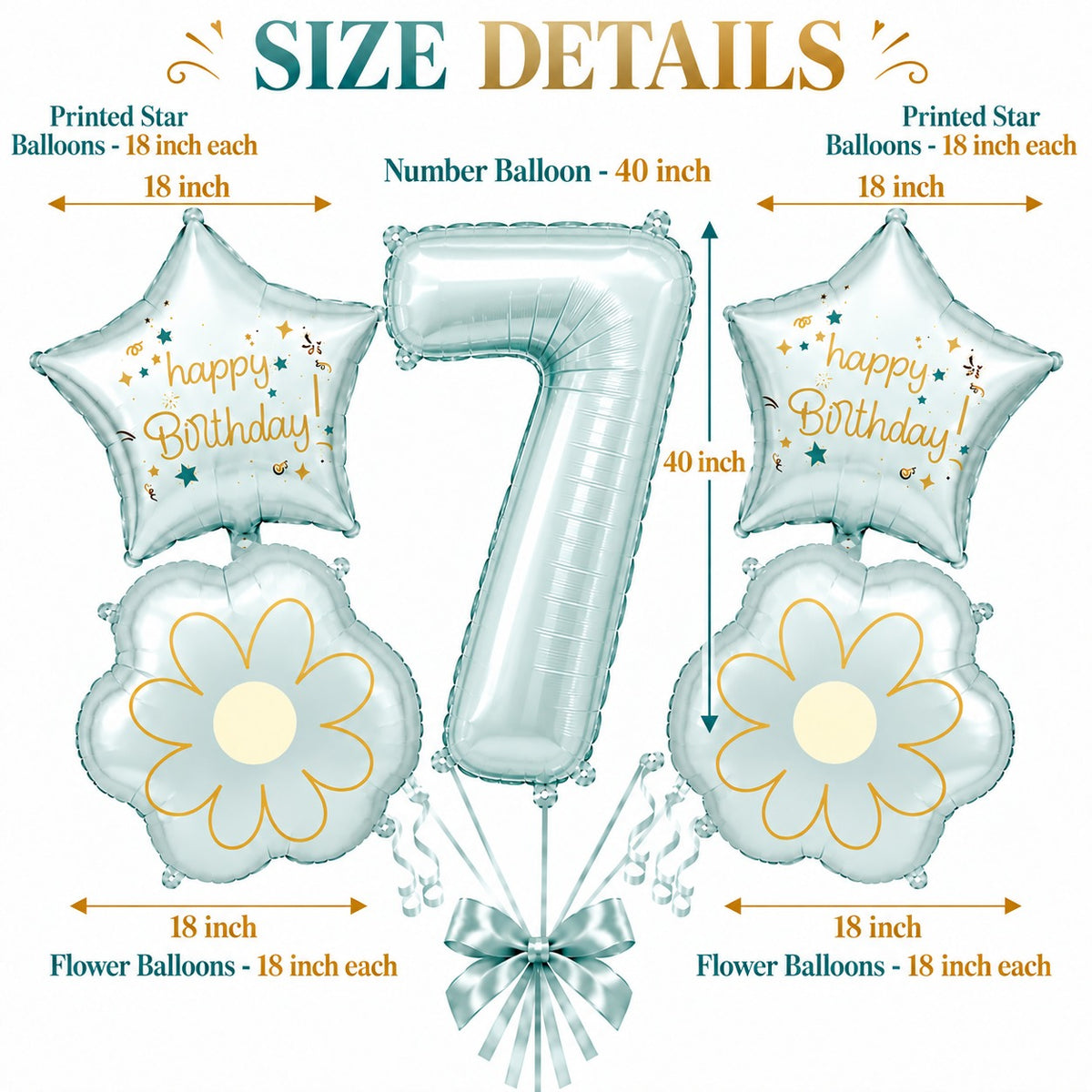 Blue Number 7 Foil Balloon Set - 5PC | Seventh Birthday Balloon with 2 Flower & 2 Star Balloons
