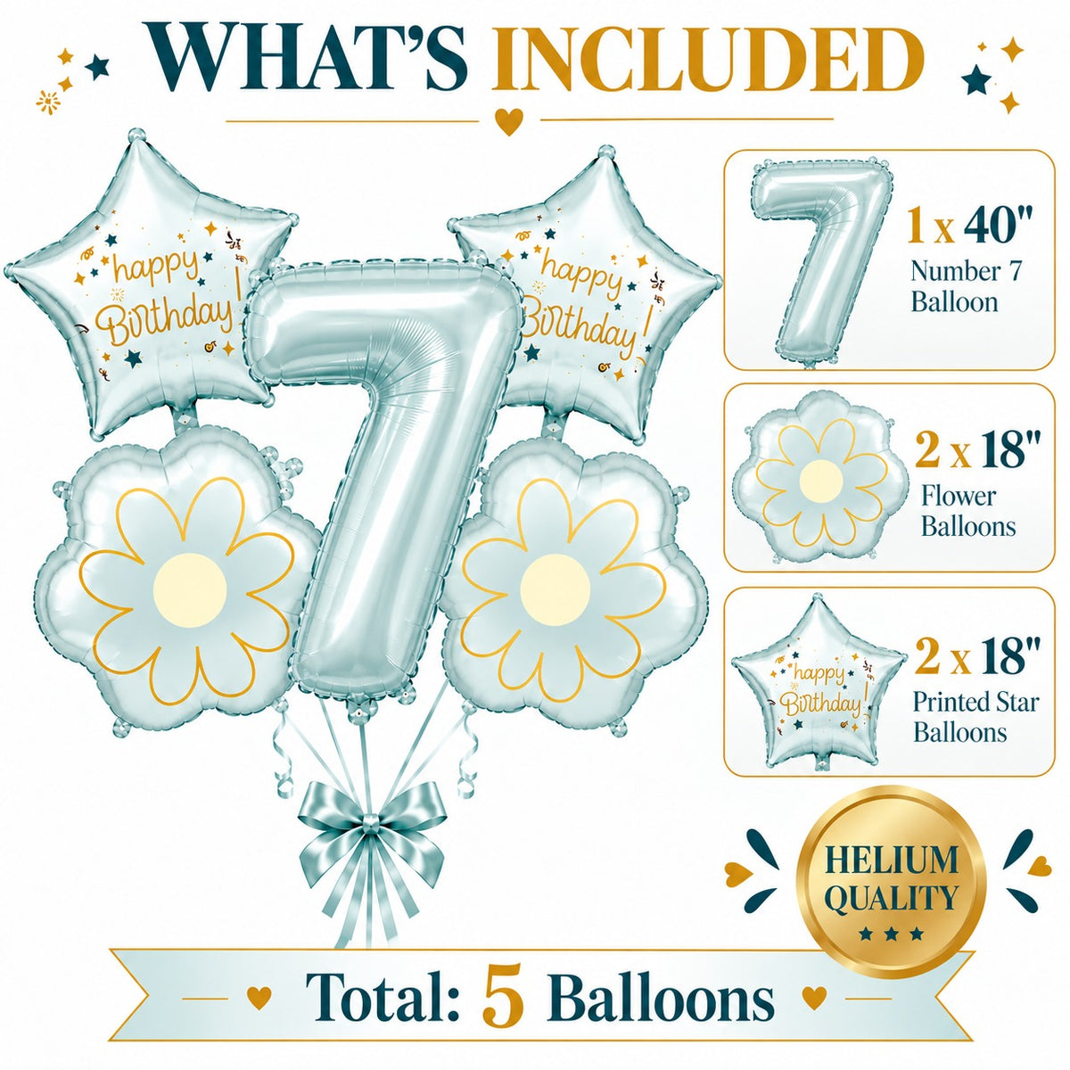 Blue Number 7 Foil Balloon Set - 5PC | Seventh Birthday Balloon with 2 Flower & 2 Star Balloons