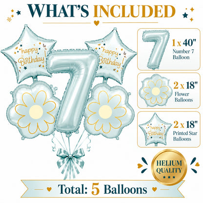 Blue Number 7 Foil Balloon Set - 5PC | Seventh Birthday Balloon with 2 Flower & 2 Star Balloons