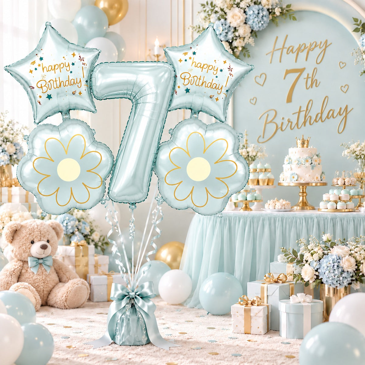 Blue Number 7 Foil Balloon Set - 5PC | Seventh Birthday Balloon with 2 Flower & 2 Star Balloons