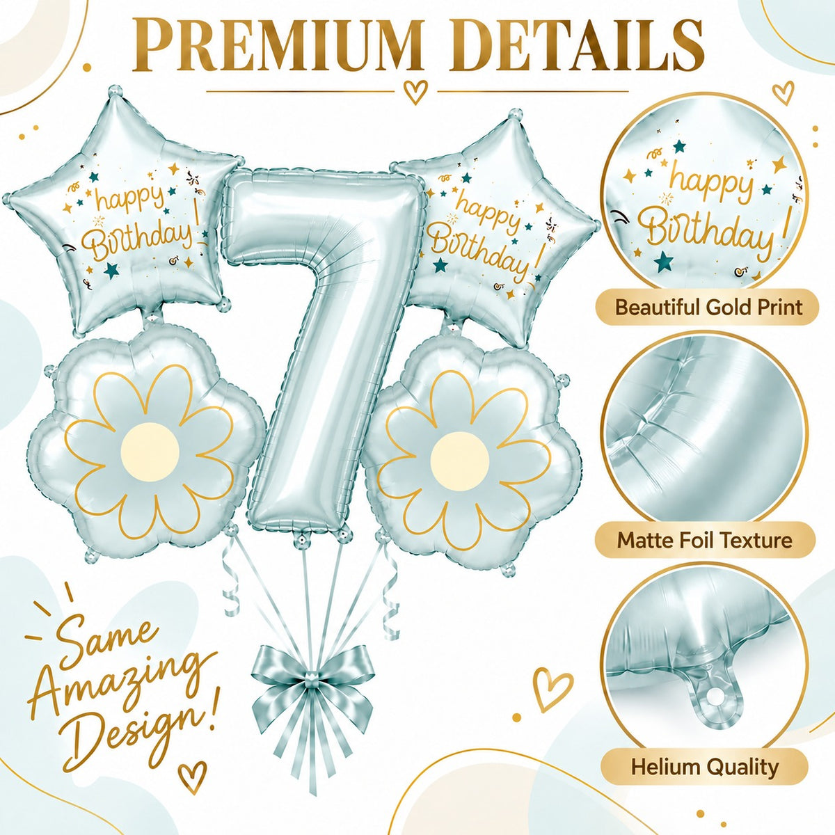 Blue Number 7 Foil Balloon Set - 5PC | Seventh Birthday Balloon with 2 Flower & 2 Star Balloons