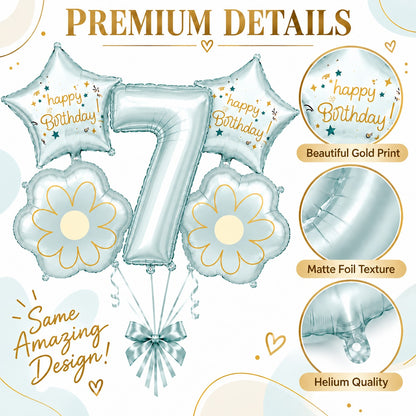 Blue Number 7 Foil Balloon Set - 5PC | Seventh Birthday Balloon with 2 Flower & 2 Star Balloons