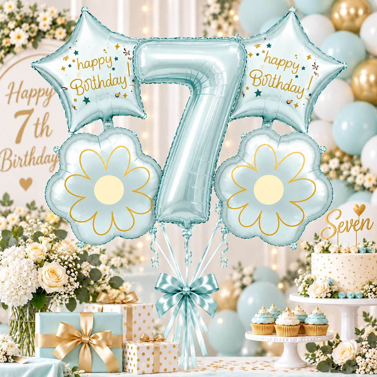 Blue Number 7 Foil Balloon Set - 5PC | Seventh Birthday Balloon with 2 Flower & 2 Star Balloons